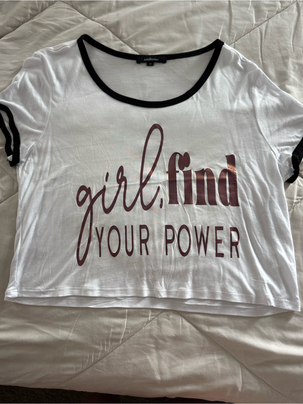 Women’s White Crop Graphic Tee with Rose Gold Metallic Print